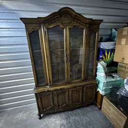 Vintage china cabinet hutch solid wood glass windows