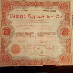 Jewett Typewriter Preferred Capitol Stock Sheet 1903