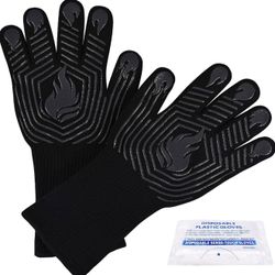 BBQ Gloves, 1472°F Heat Resistant Fireproof Silicone Oven Mitts, Black