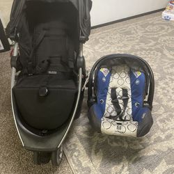 A chair and a stroller for the baby