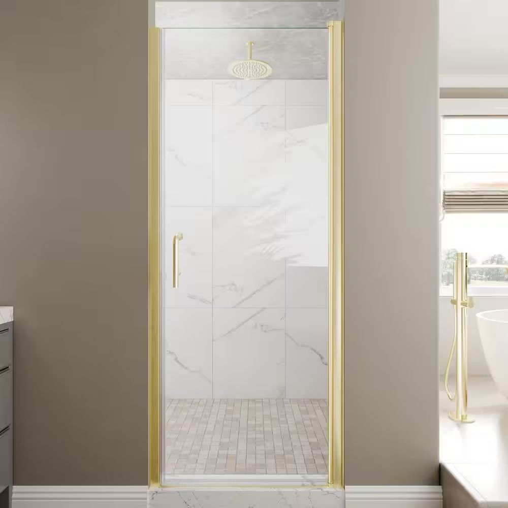 30-32 in. W x 72 in. H Pivot Frameless Shower Door in Brushed Gold with Clear Glass