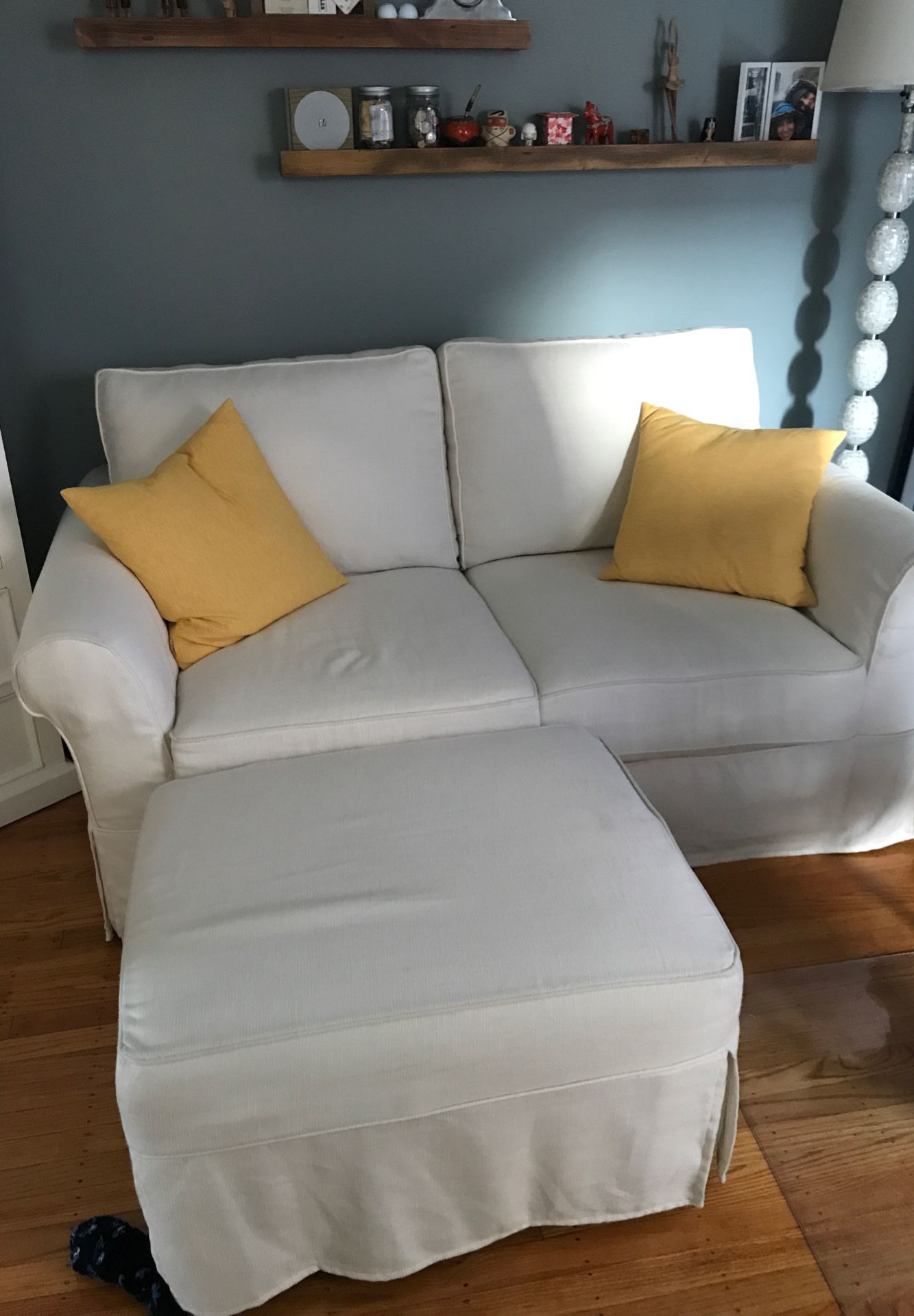 Pottery Barn White Loveseat and Ottoman - Sofa