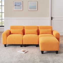 The 84.6 inch Orange Teddy Fleece Creative Sofa can be Assembled into a Two Seater Sofa with a Single Couch with Three Waist Pillows to Perfectly Stre