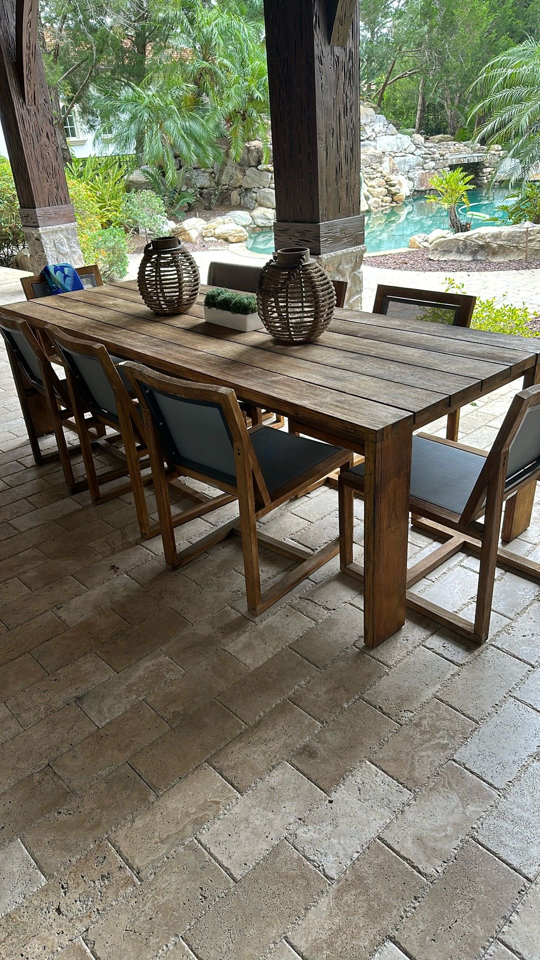 Linear Teak 102" Teak Table & 8 Teak Sling Side Chairs