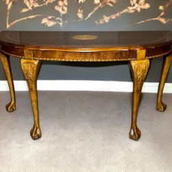 Brown Console Table w/ Cabriole Ball and Claw Legs & Decorative Carvings