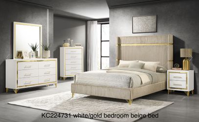 New Queen Soft Velvet Beige/gold With White/gold Nightstand And Chest 3 Pc Set K Furniture And More