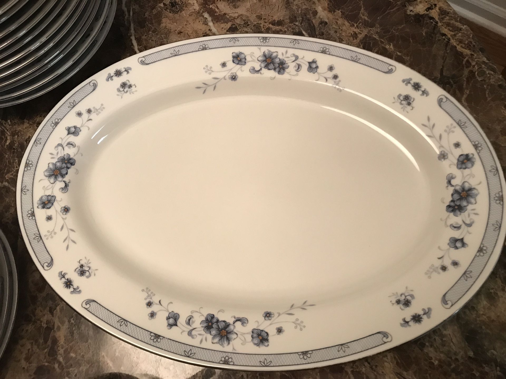 Vintage Sango China Valencia Pattern 8223 Platinum Rim Blue Floral