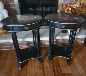 Pair of Black Floral Oval Accent Side Tables
