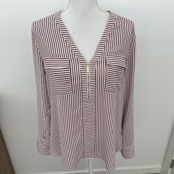 Express Red & White Striped V-Neck Blouse w/ Gold Zipper, L