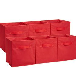 6 pc Set Collapsible Fabric Storage Cubes Organizer with Handles, Red