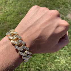14k Gold Plated Iced Prong Cuban Link Bracelet 20mm 8” Premium Bracelet Box Clasp