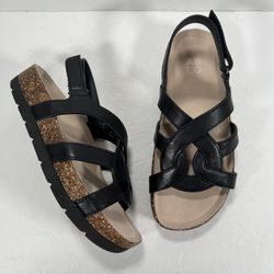 Abeo Black Leather Lacy Strappy Cork Sandals Orthotic Comfort Shoes Women 6