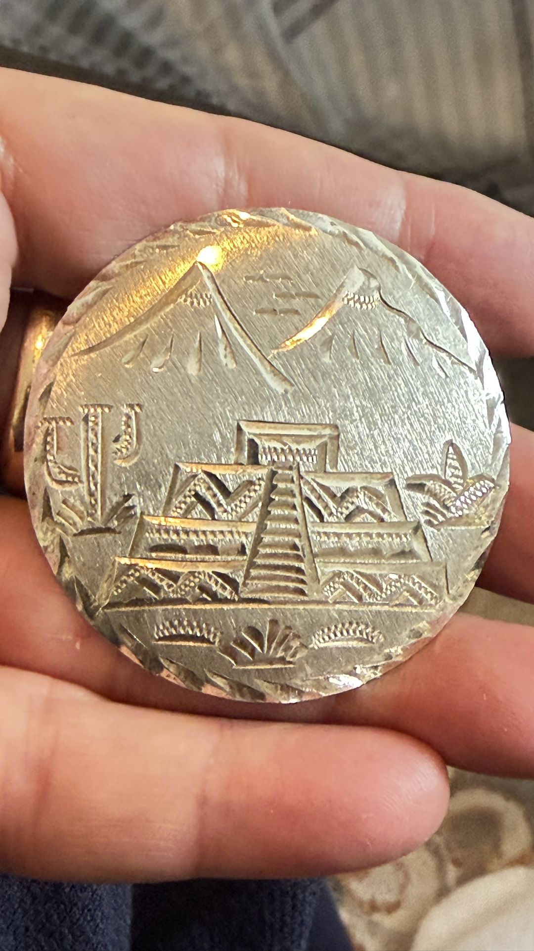 Large Sterling Silver Brooch Made In Mexico With Pyramid Designs 