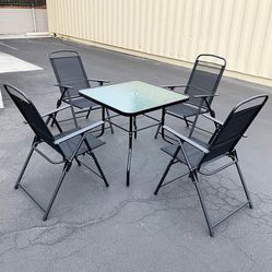 (New in box) $100 Patio 5 Piece Dining Set (32x32” Table and 4pc Folding Chairs)