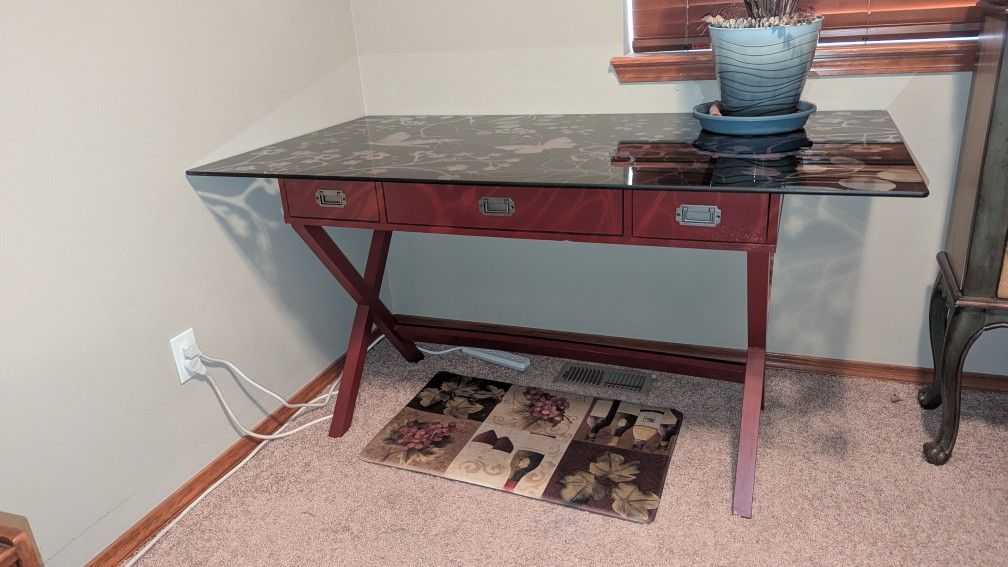 Red Wood Desk With Tempered Glass Top