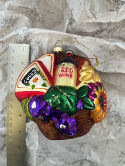 Lg. Blown Glass Figural Wine & Cheese Picnic Basket Christmas Ornament