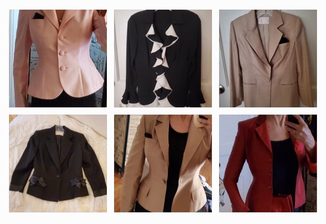 6 Couture Blazers Samples one of a kind, burgundy, pink, black & white, tan/beige. Size 2