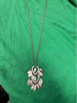 Silver Tone Leaf Pendant Necklace w/ White Marquise Stones on Cable Chain