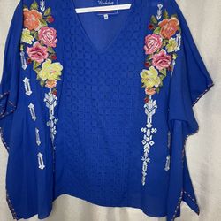 Johnny Was 3J Workshop Blue Tunic Bohemian Top Embroidered Size Med Womens