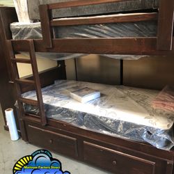 Triple Brown Bunk Bed With Trundle And Mattresses Included