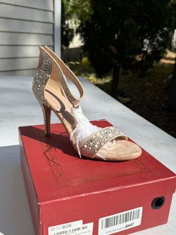 Gold and silver embellished high heels with feather detail size 10