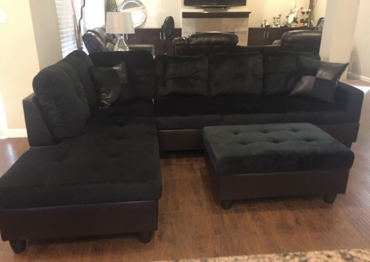 Black Microfiber Sectional Couch And Ottoman