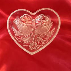 VINTAGE GORHAM CRYSTAL GLASS CARDINALS BIRD CANDY BOWL DISH HEART SHAPR SH