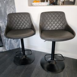 Gray Faux Leather Upholstered Bar Stools, Black Bases (Set of 2)