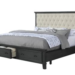 Brand New California King Wooden Platform Bed Rustic With Padded Tufted Headboard 