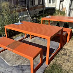 2 Picnic Table Bench Set Metal Orange
