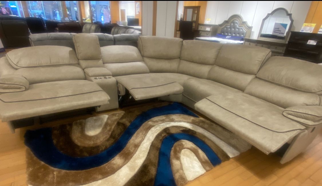 Summer Blowout Sale. Alejandro Tan Reclining Sectional Only $1199. Easy Finance Option. Same Day Delivery.