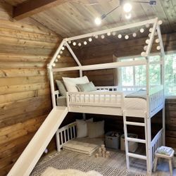 White Loft Bed w/ Slide + Mattress / Delivery Available 