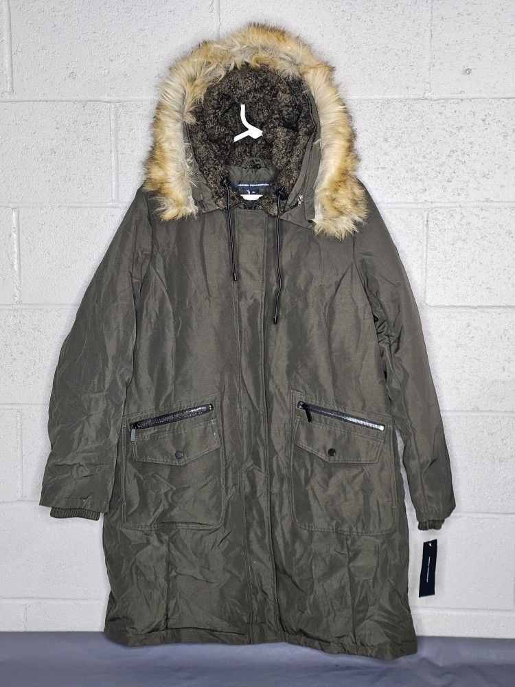 French Connection Hooded Faux Fur Trim Parka Women's Extra Large Green