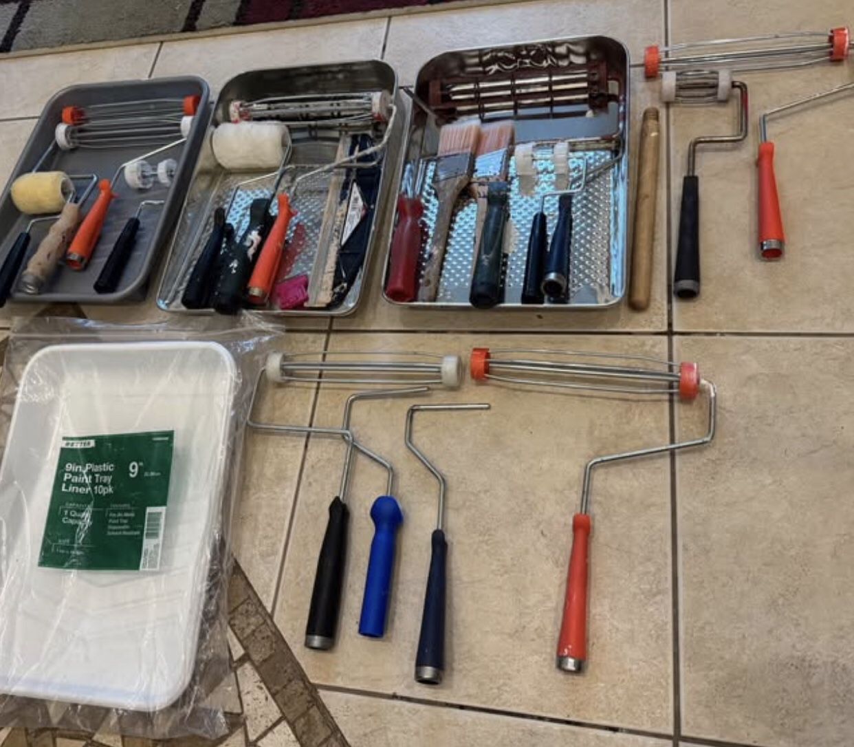 Painting Supply Lot Rollers Trays + Liners 17 RollersVarious Sizes, 2 Metal Trays, 1 Plastic Tray, 7 liners