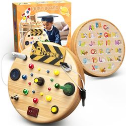 Busy Board, Montessori Toys for 1-3 Year Old - Wooden Sensory Toy with LED Light Switches, Travel Toddler Toys for 1+ Year Old Boys & Girls | Educatio