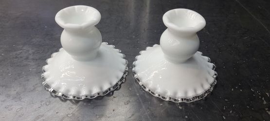 Beautiful Vintage Fenton Pair White Milk Glass Silver Crest Candle Holders