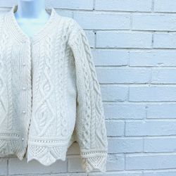 Vintage Arancrafts Ireland Merino Wool Cable Knit Cardigan Sweater Ivory Large