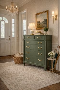 Elegant Sage Green Dresser with Brass Hardware – Classic 5 Drawer Chest