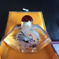 Bottle Glass  Perfume/Snuff Hand Painted Inside Red Stopper Top. With Original Rare Storage Case / Box    