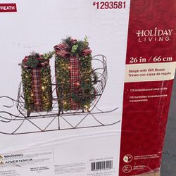 New Metal Christmas Sleigh Presents Gift Topiary Lighted 26” Sculpture Yard