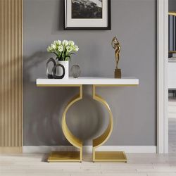 70.9" Modern Narrow Console Table with Geometric Metal Base White Entryway Table