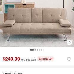 Naomi Home Futon Sofa with Armrest and Cupholders In Beige 