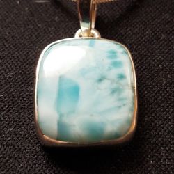 Beautiful Square Shaped Larimar  Stone  Sterling Silver Pendant Necklace