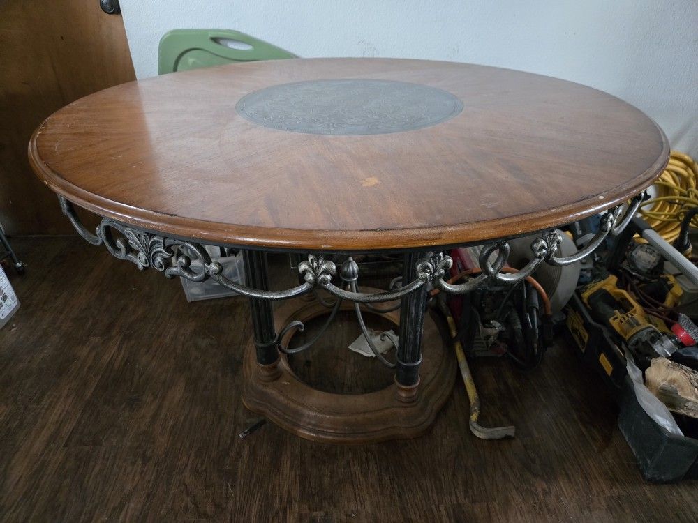Wood & Iron Kichen Table Chairs And Corner Cabinet