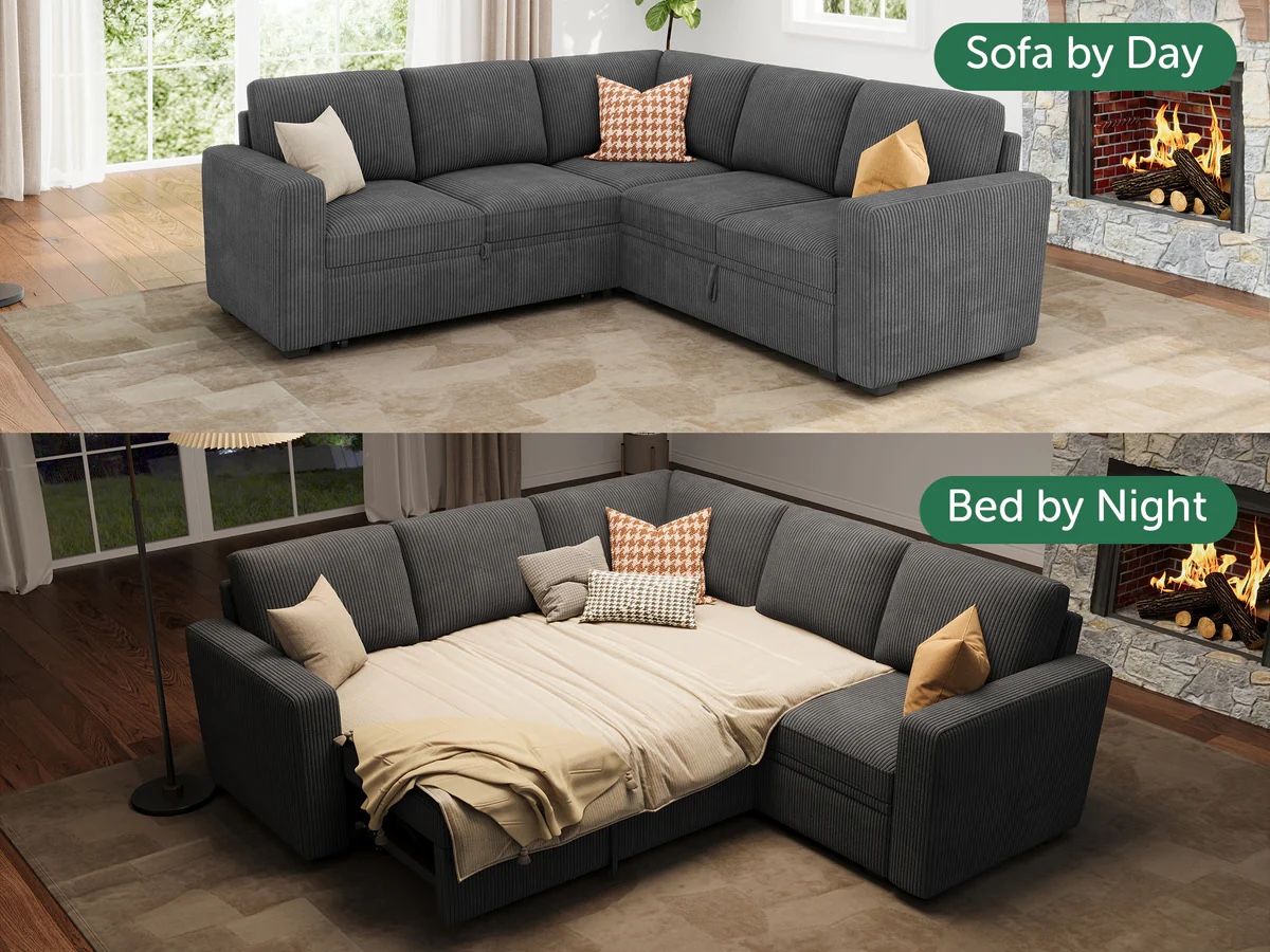 HONBAY 5-Piece Corduroy Modular Sleeper Sectional Sofa With Storage Space
