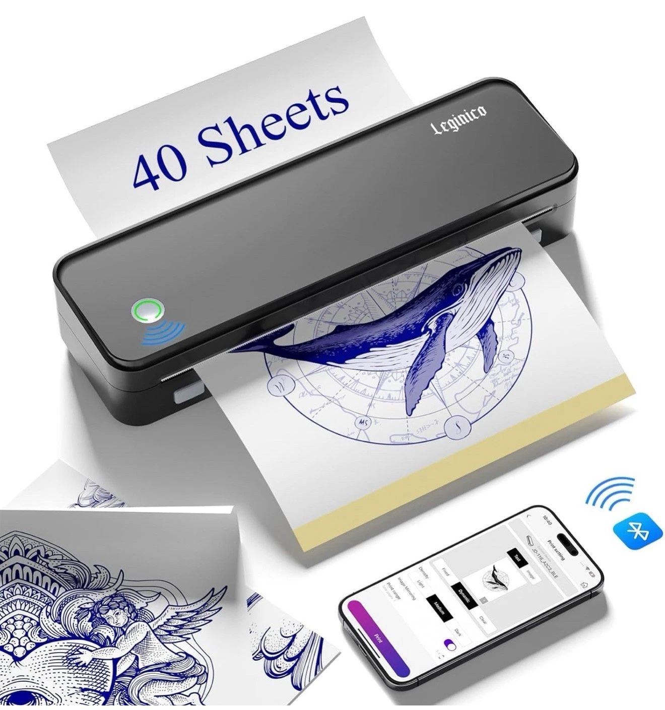 Tattoo Stencil Printer with 40pcs Transfer Paper, Bluetooth Thermal Tattoo Printer Machine for Beginners & Artists, Compatible with Android & iOS, PC