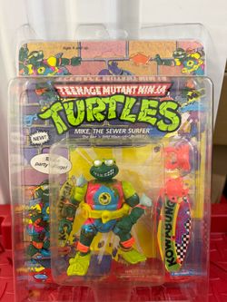 Vintage TMNT Mike The Sewer Surfer Unpunched MOC W/Protector