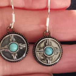 Vtg.Sterling Silver 925~SOUTHWESTERN Copper & FAUX TURQUOISE EARRINGS