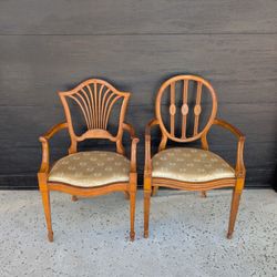 Two Antique French Style Inlaid Wood Arm Chairs