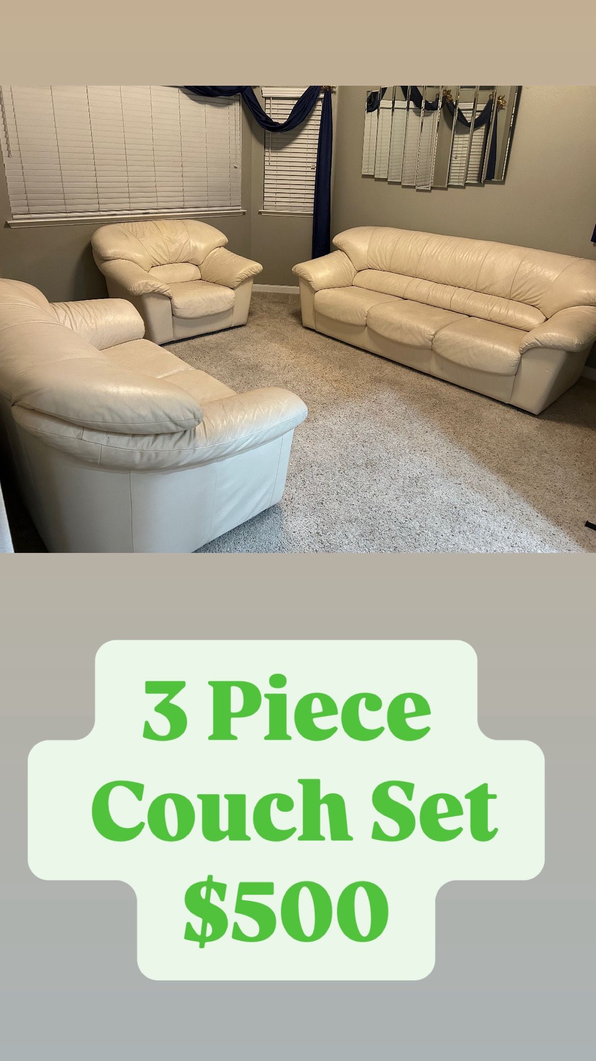 3 Piece Leather Couch Set For Sale!!!